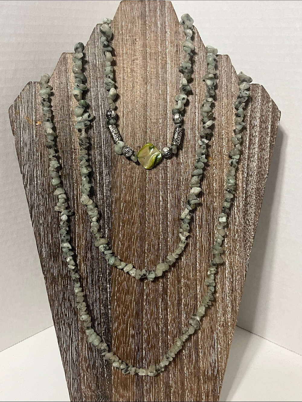 Kiwi Jasper chip necklace 60 inch Long strand, mother of pearl focal, boho stone